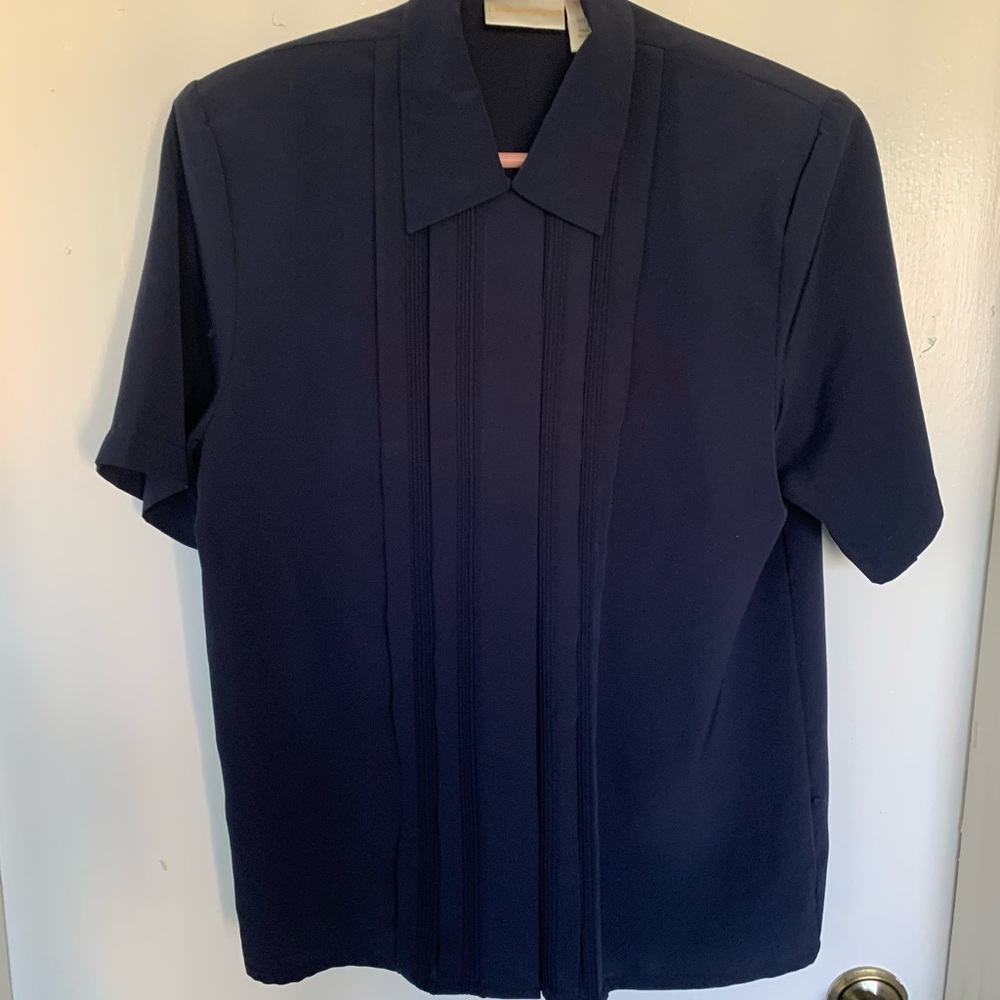 Womens pleated Navy Short Sleeve Shirt